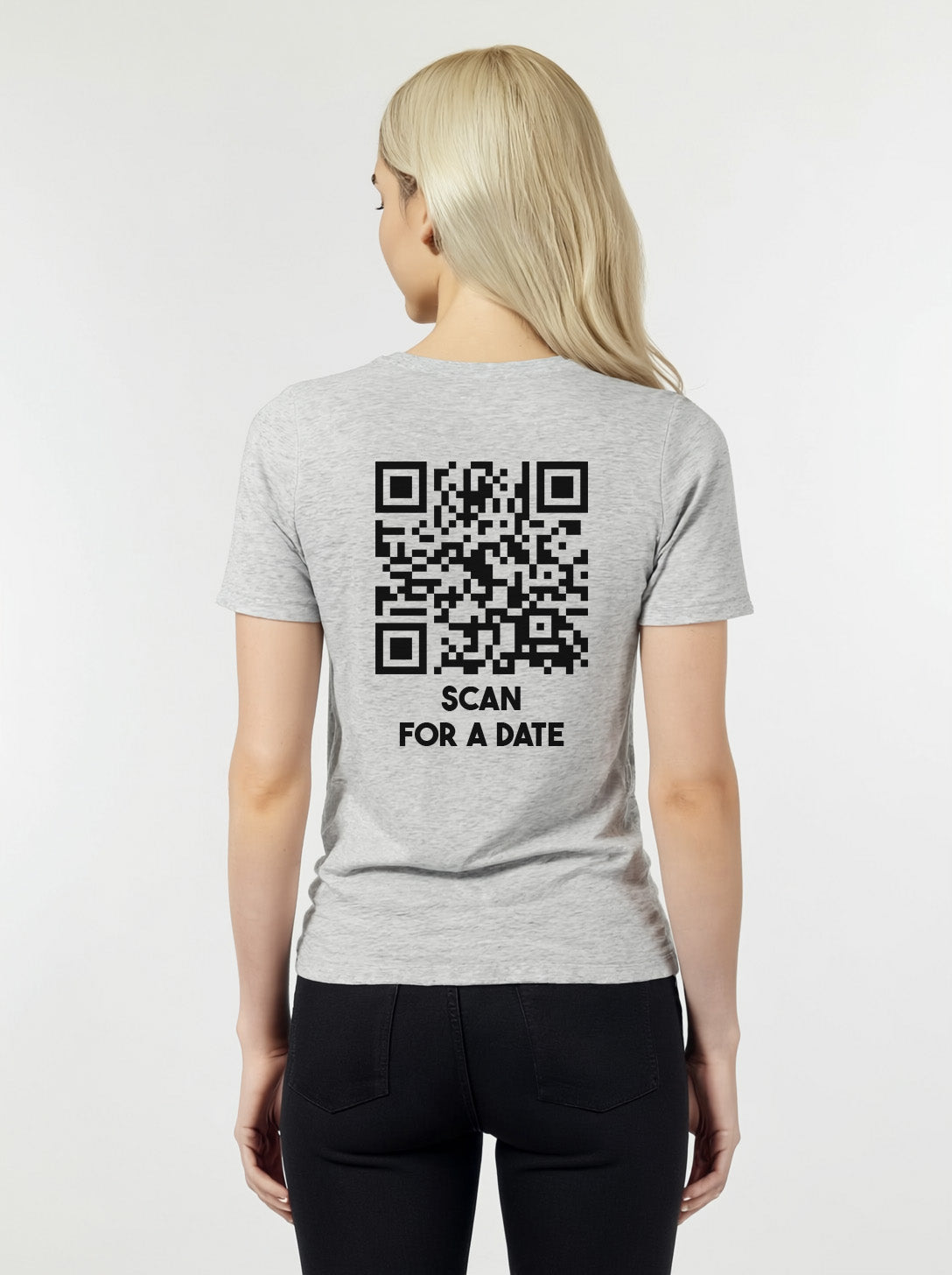 Women wearing a heather grey t-shirt from Cue R with a black QR code and 'SCAN FOR A DATE' text on the back.