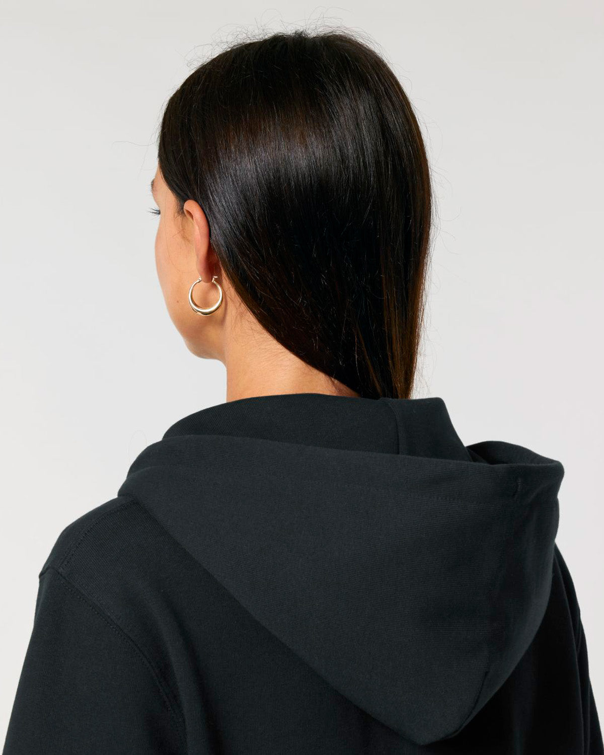 qr code zip hoodie black closeup hood female