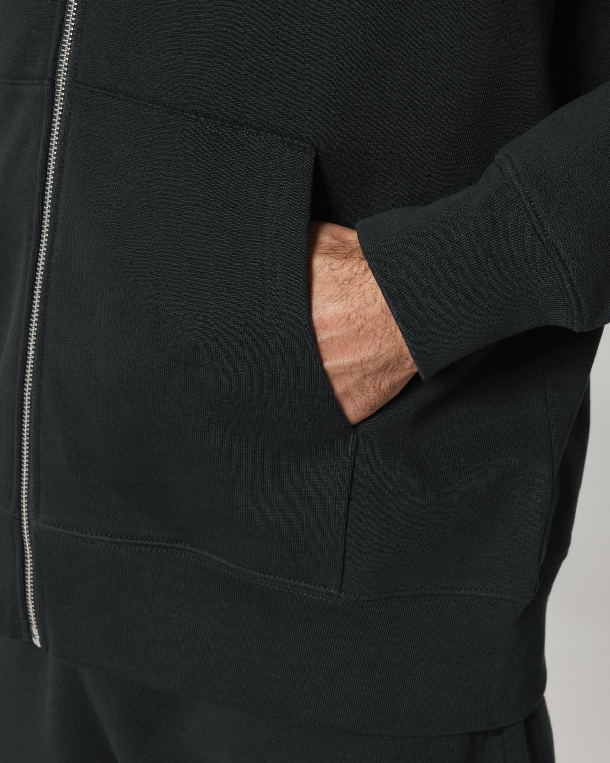 qr code zip hoodie black closeup pocket