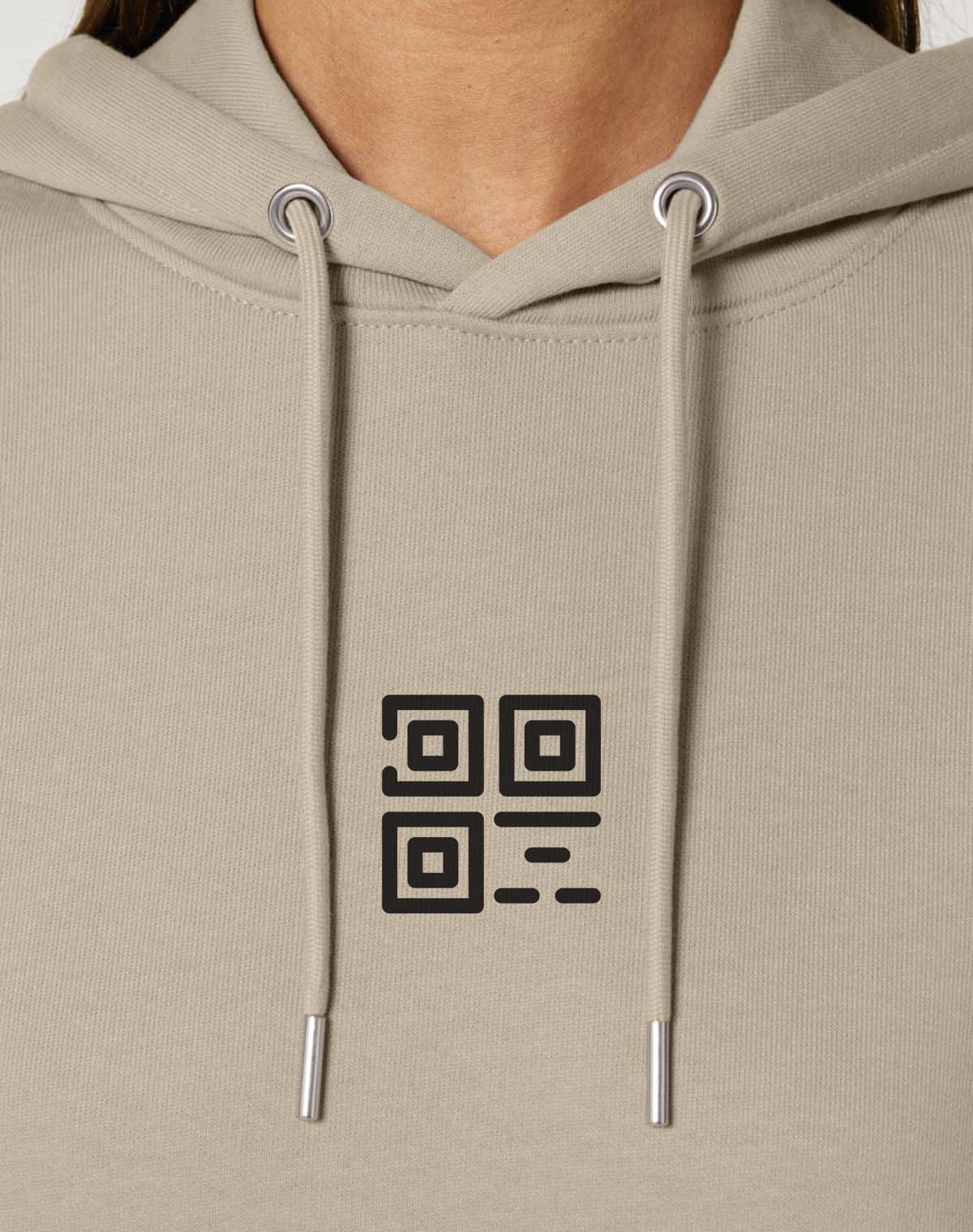 qr code hoodie beige closeup logo