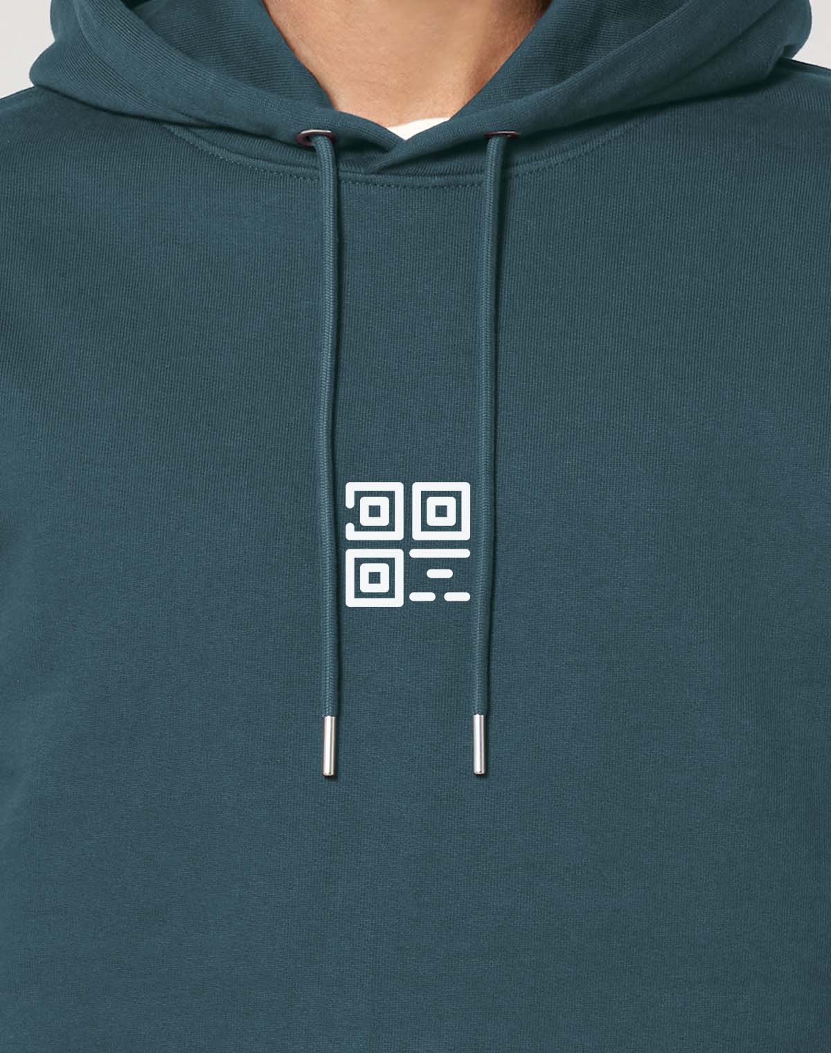 qr code hoodie blue closeup logo